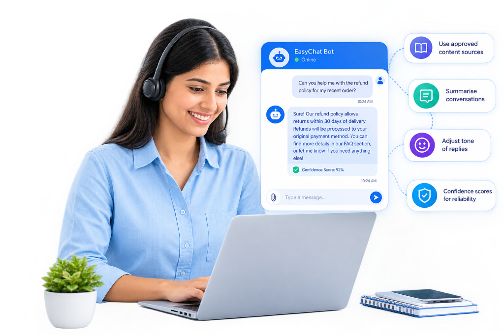 EasyChat Bot interface showing intelligent customer chat support, approved content sources, tone adjustment, and confidence scoring